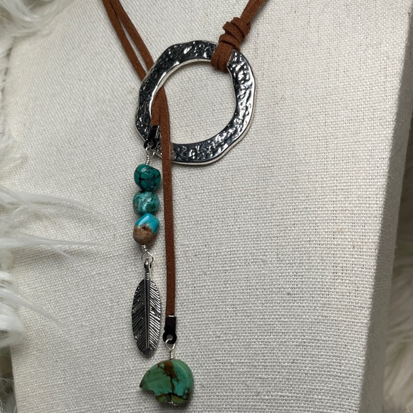 Turquoise Feather Pendant Lariat Necklace - Picture 5 of 7